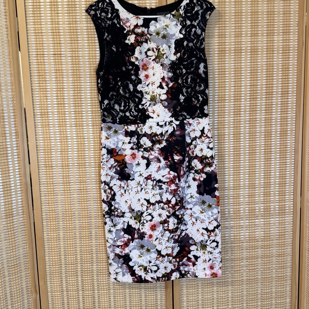 Adrianna Papell Womens 10 Dress Floral White Black Fitted Sheath Lace Fairycore
